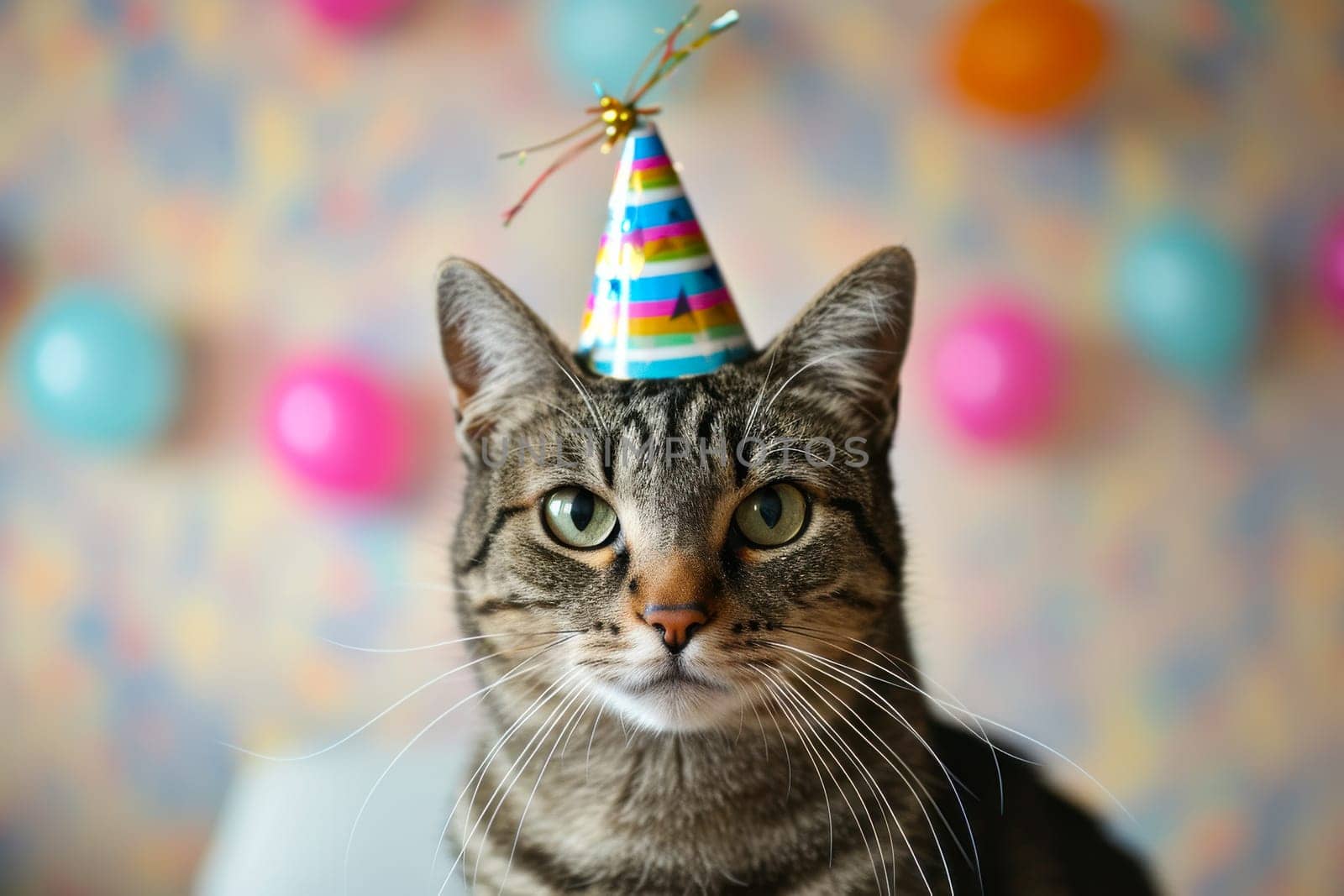 A cat wearing a colorful party hat on its head, set against a bright background.