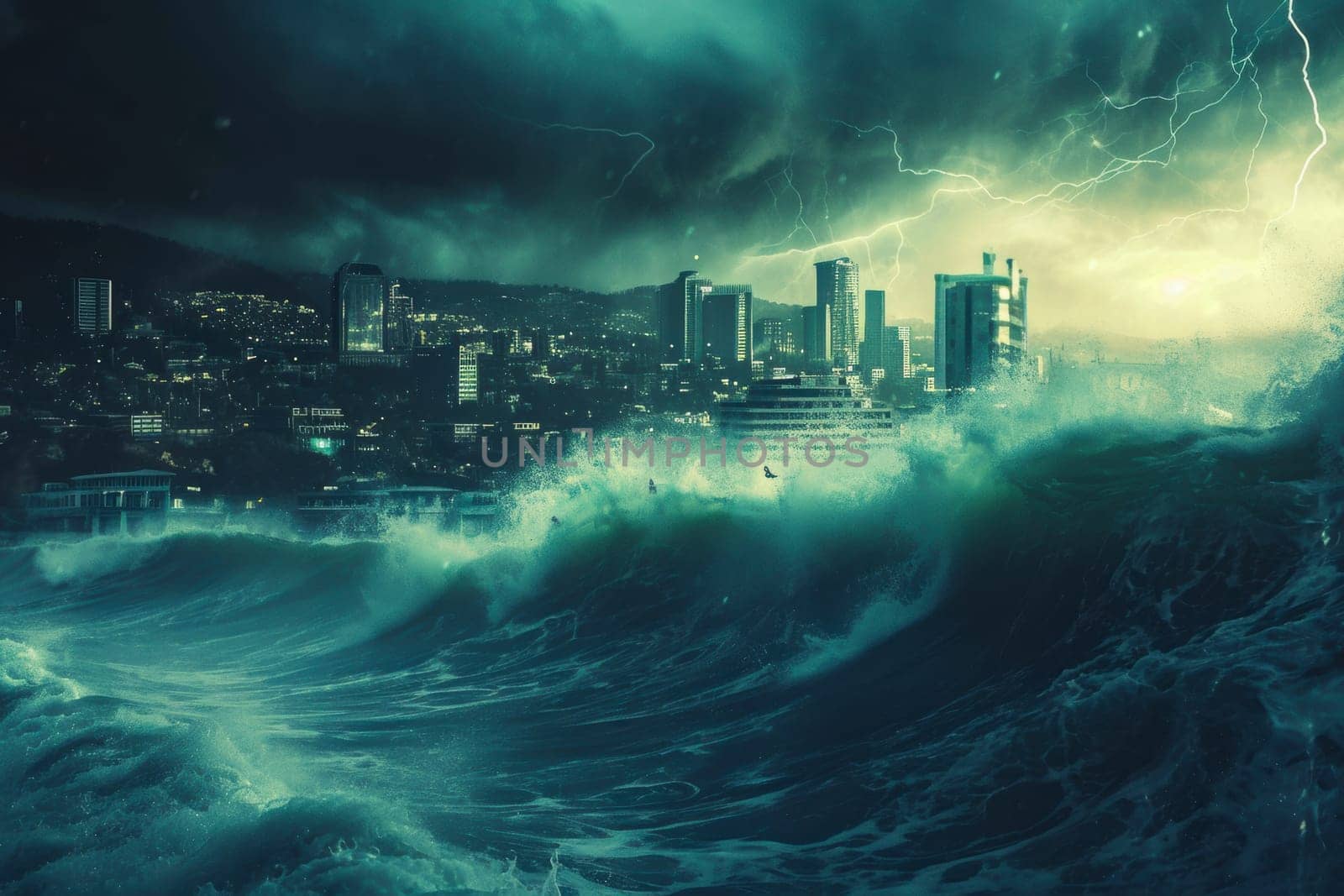 A city sits vulnerable in the middle of a stormy ocean as a tsunami looms closer, causing high waves and turbulent weather conditions.