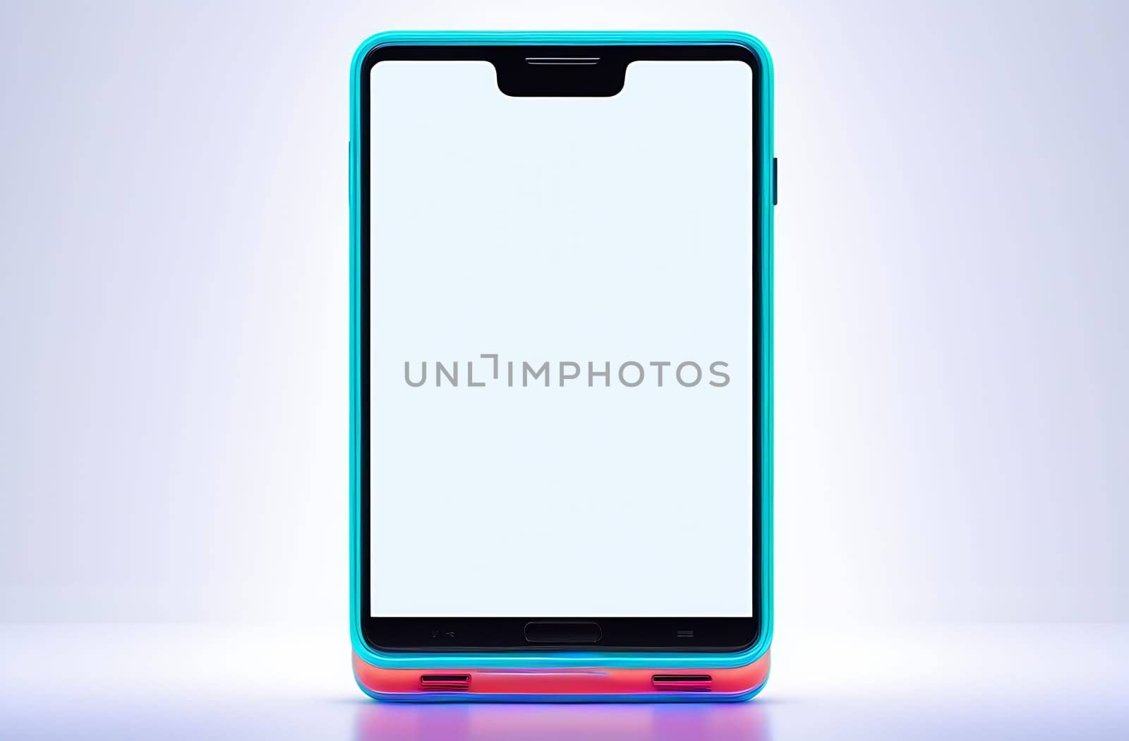 Close-up of the smartphone layout on an abstract background in neon color. White blank screen for text for presentation by claire_lucia