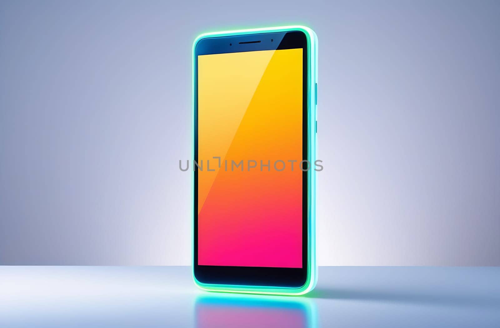 Close-up of the smartphone layout on an abstract background in neon color. Bright blue, pink and orange colors. A place for the text for the presentation by claire_lucia