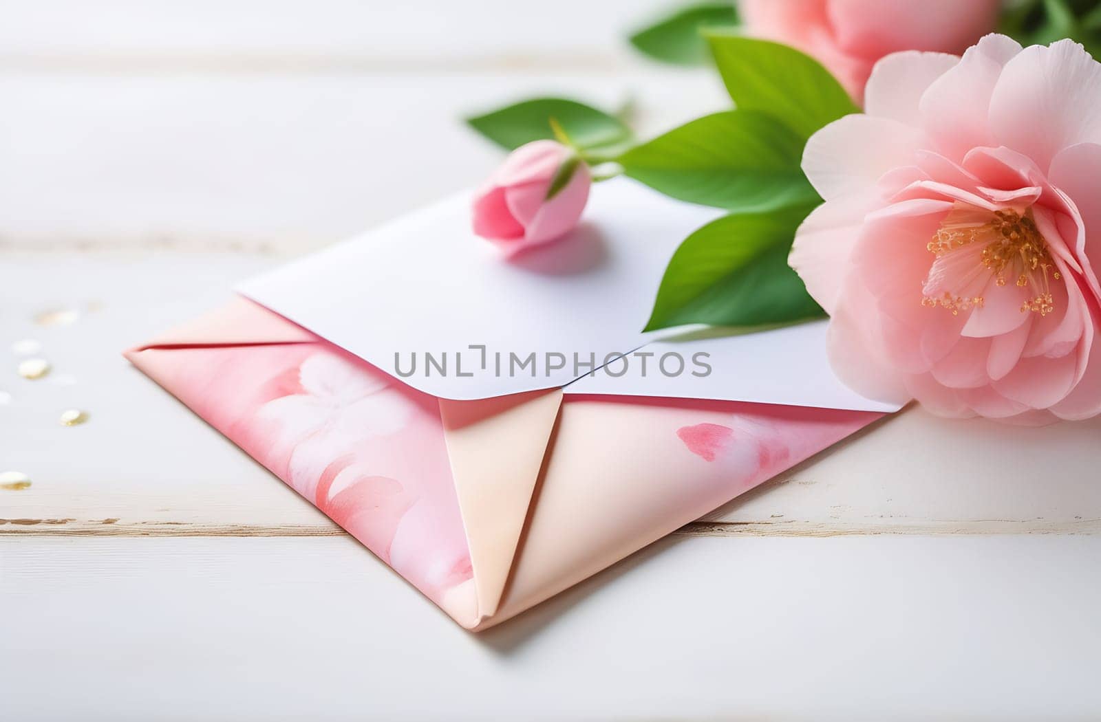A light envelope with flowers for a festive spring greeting card. Romantic birthday background by claire_lucia