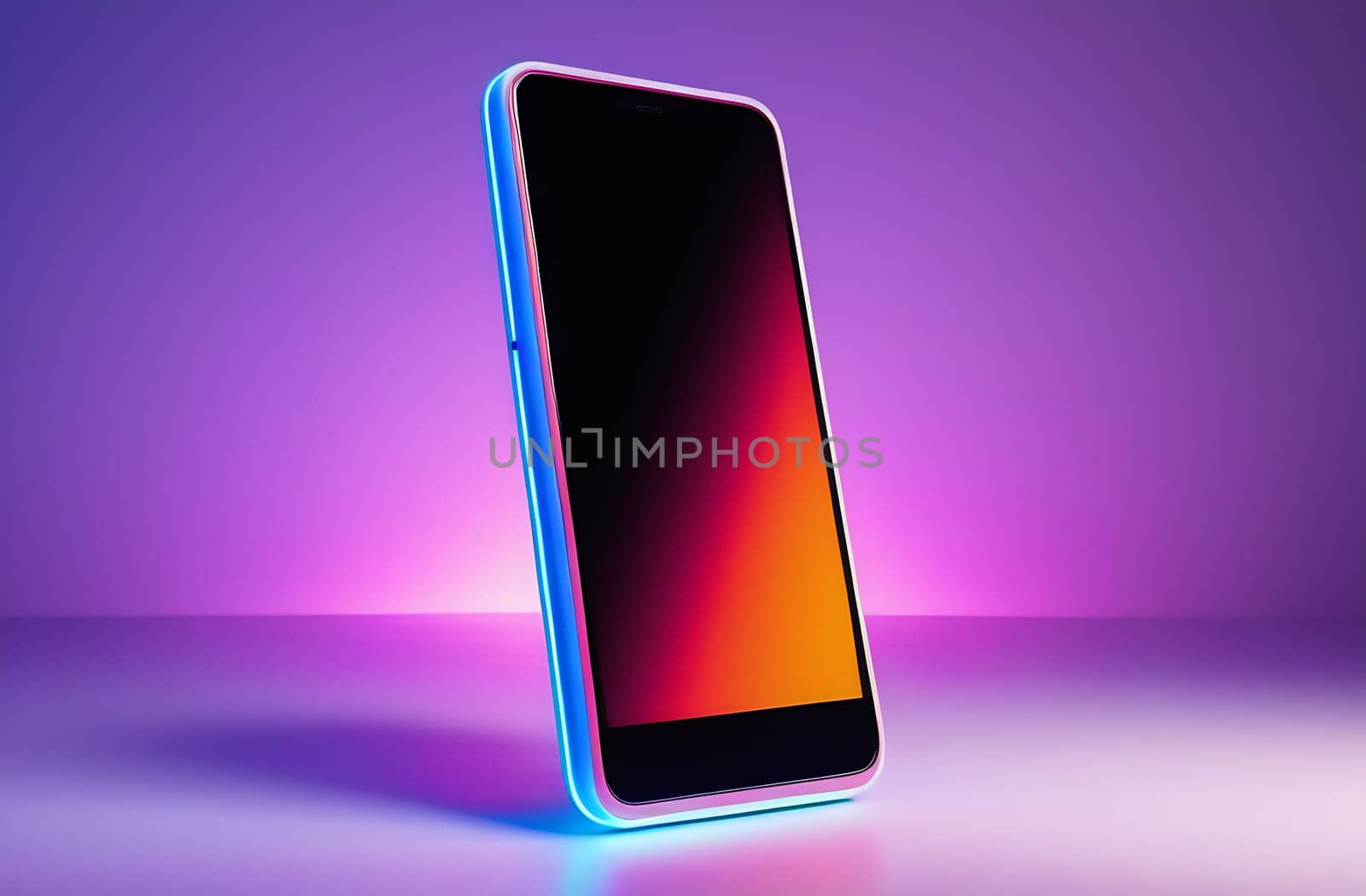 Close-up of the smartphone layout on an abstract background in neon color. Bright blue, pink and orange colors. A place for the text for the presentation.