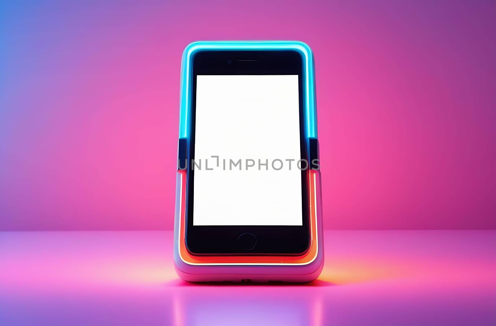 Close-up of a smartphone layout on an abstract background in neon pink. White blank screen for text for presentation by claire_lucia