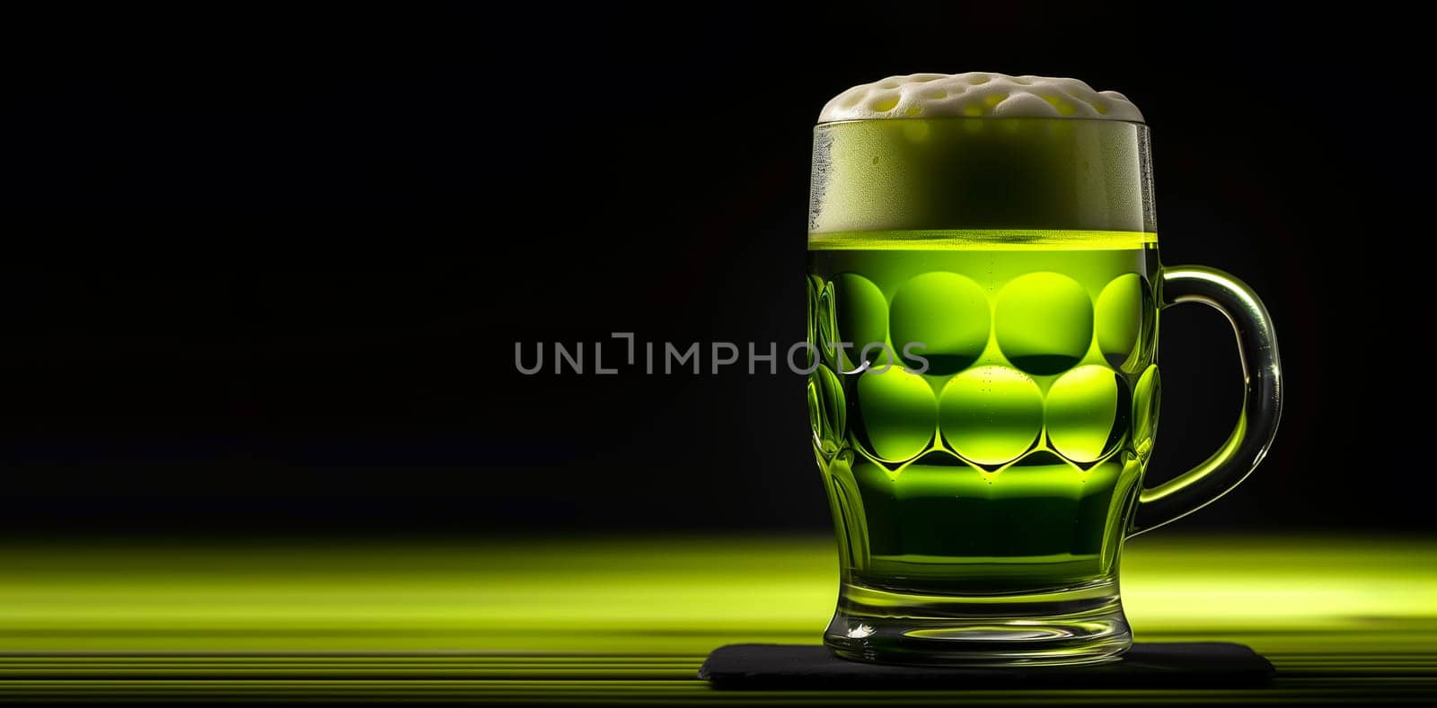 Banner Glass Of Festive Green Beer with Frothy Foam For St. Paddy Day on Black Neon Background. St. Patrick Day Drink, Holiday Irish Beer Mockup. Space For Text. Horizontal Design. AI Generated. by netatsi