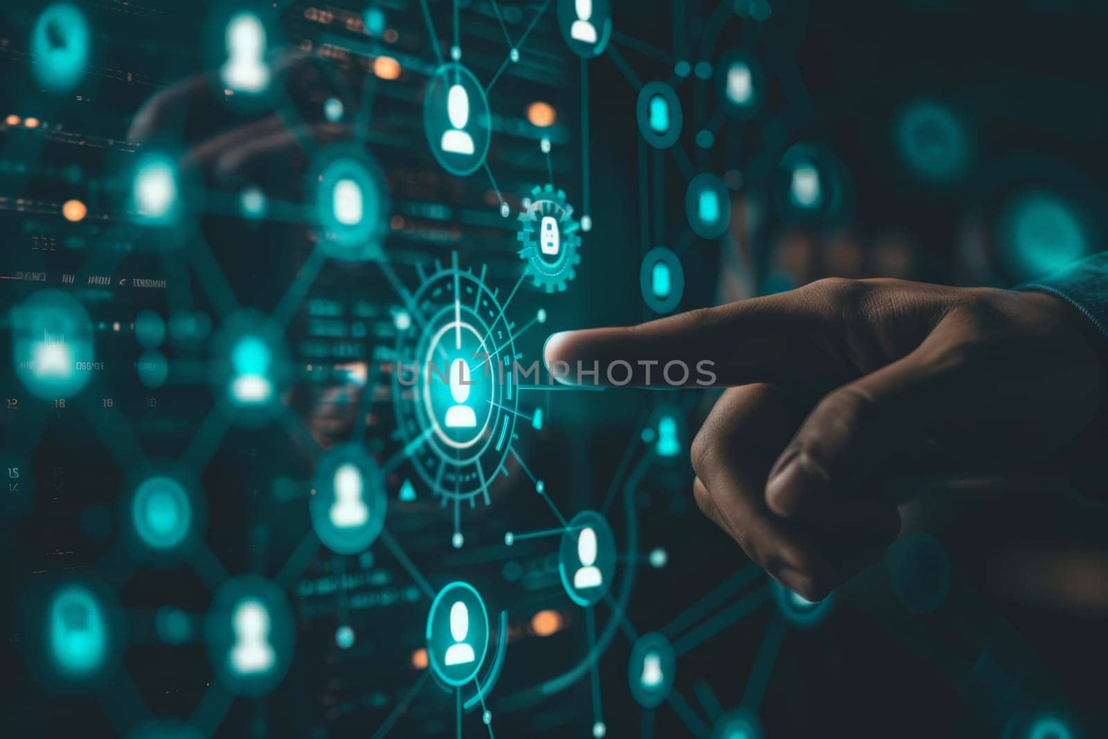 futuristic network background, hand touching the social network connection on digital display.