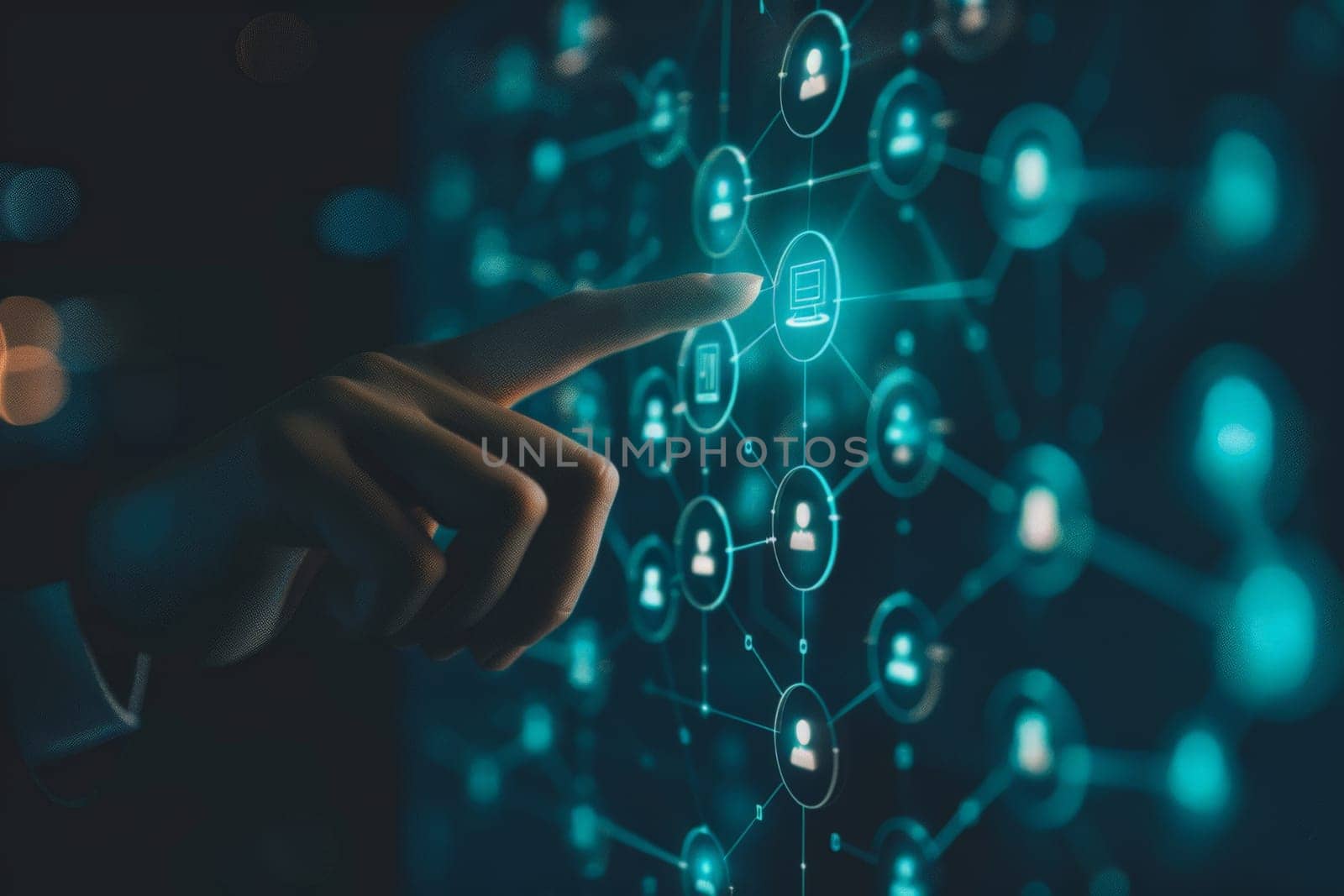 futuristic network background, hand touching the social network connection on digital display.