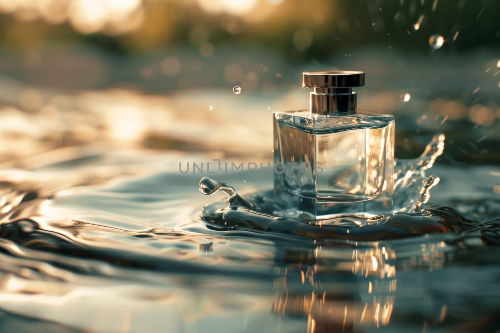 Perfume mock up, Clear Perfume glass bottle on the flowing water mock up banner.