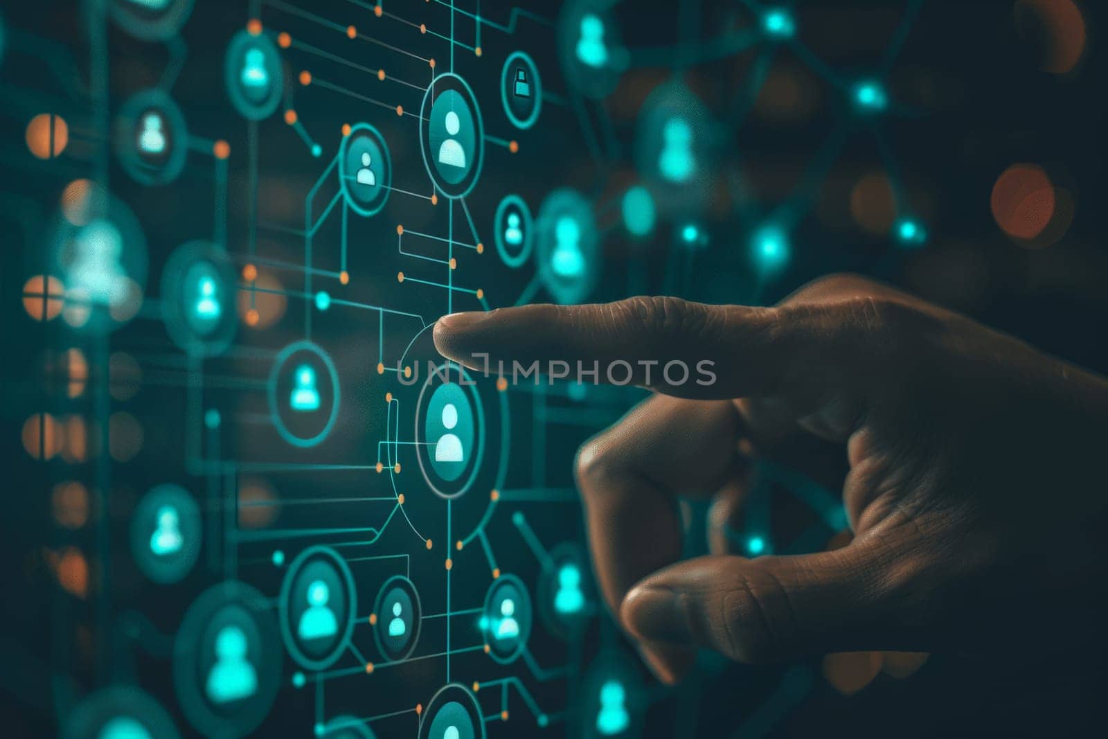 futuristic network background, hand touching the social network connection on digital display.