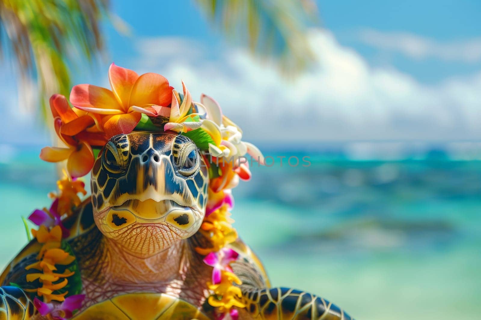 Summer beach background, Turtle with hawaiian costume tropical palm and beach background.