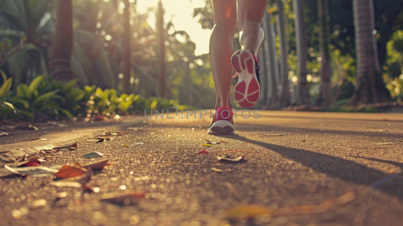 Closeup of legs of a female runner jogging in a park on an autumn afternoon. Generative AI.