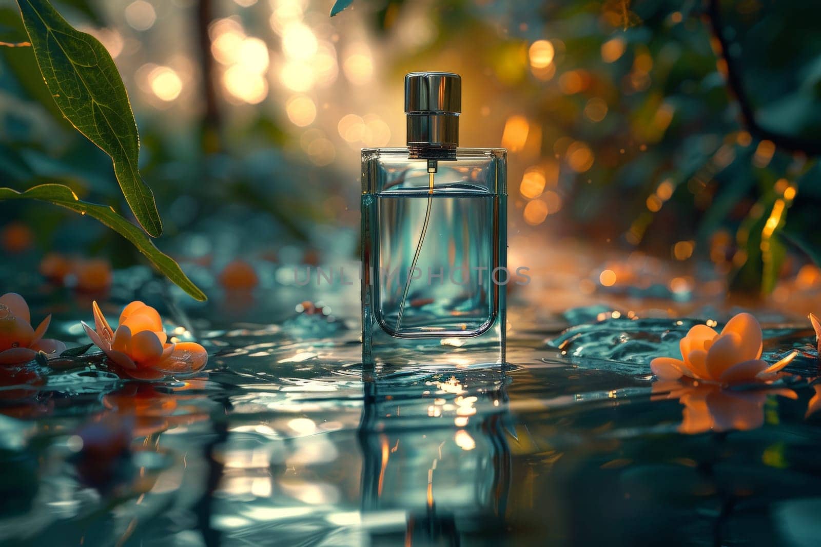 Perfume mock up, Clear Perfume glass bottle on the flowing water mock up banner.
