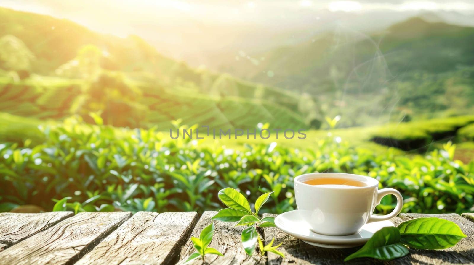 Wooden table blurred tea plantation background. Generative AI.