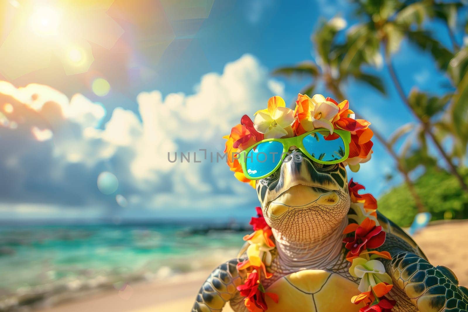 Summer beach background, Turtle with hawaiian costume tropical palm and beach background.