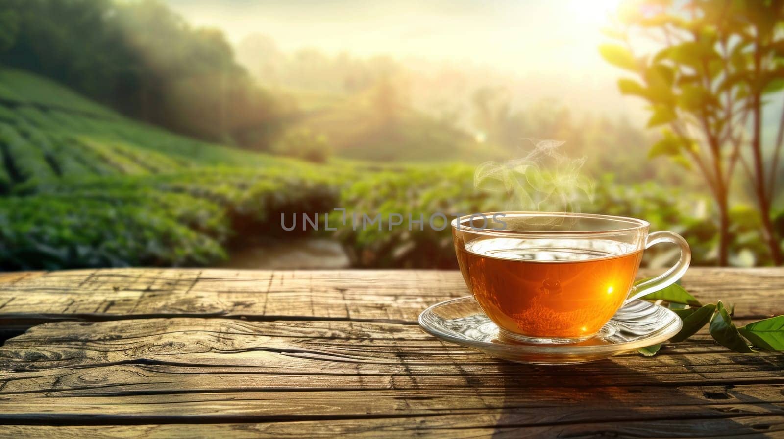 Wooden table blurred tea plantation background. Generative AI.