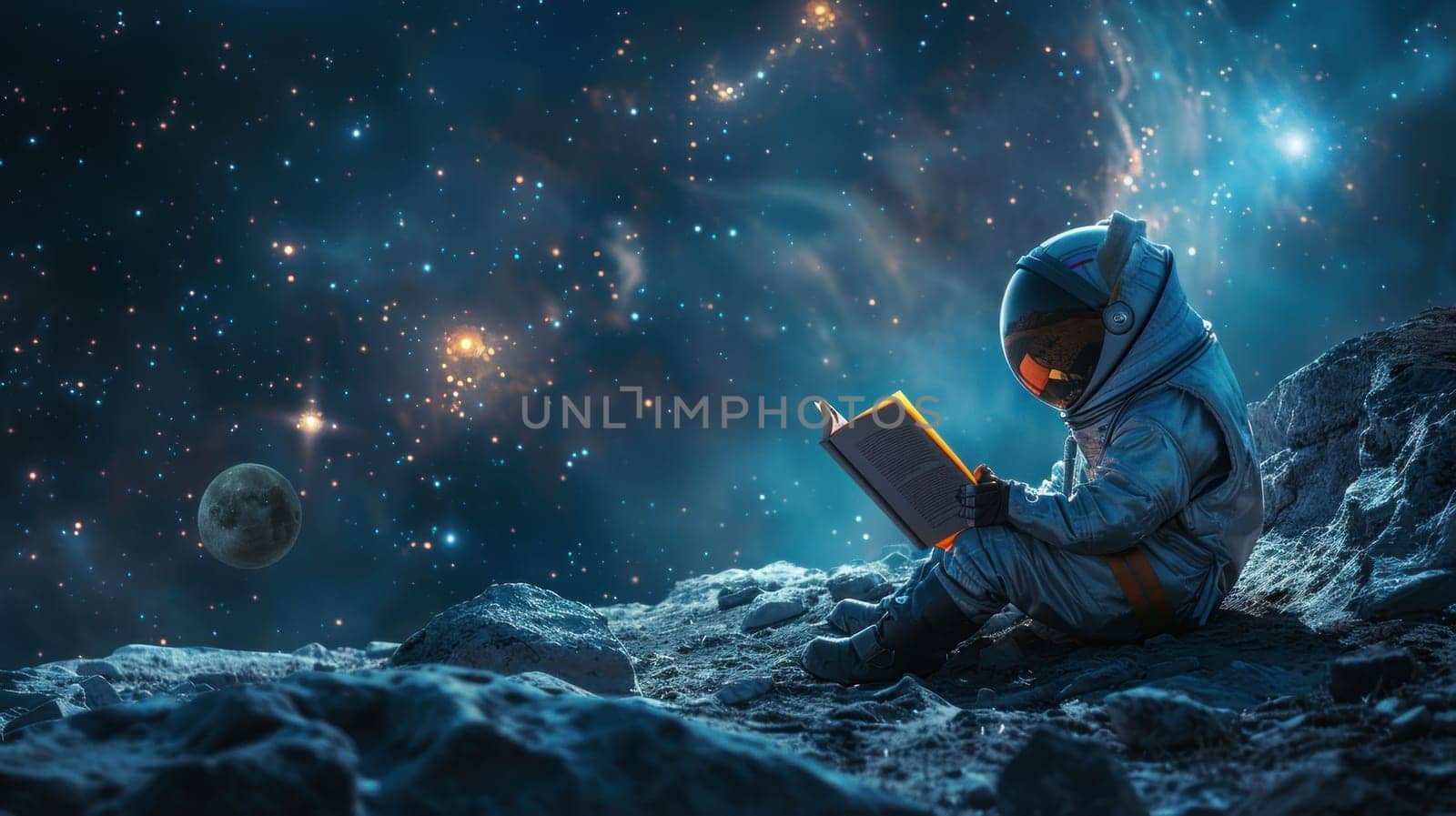Concept World book day, Astronaut reading book on moon. Generative AI by golfmerrymaker