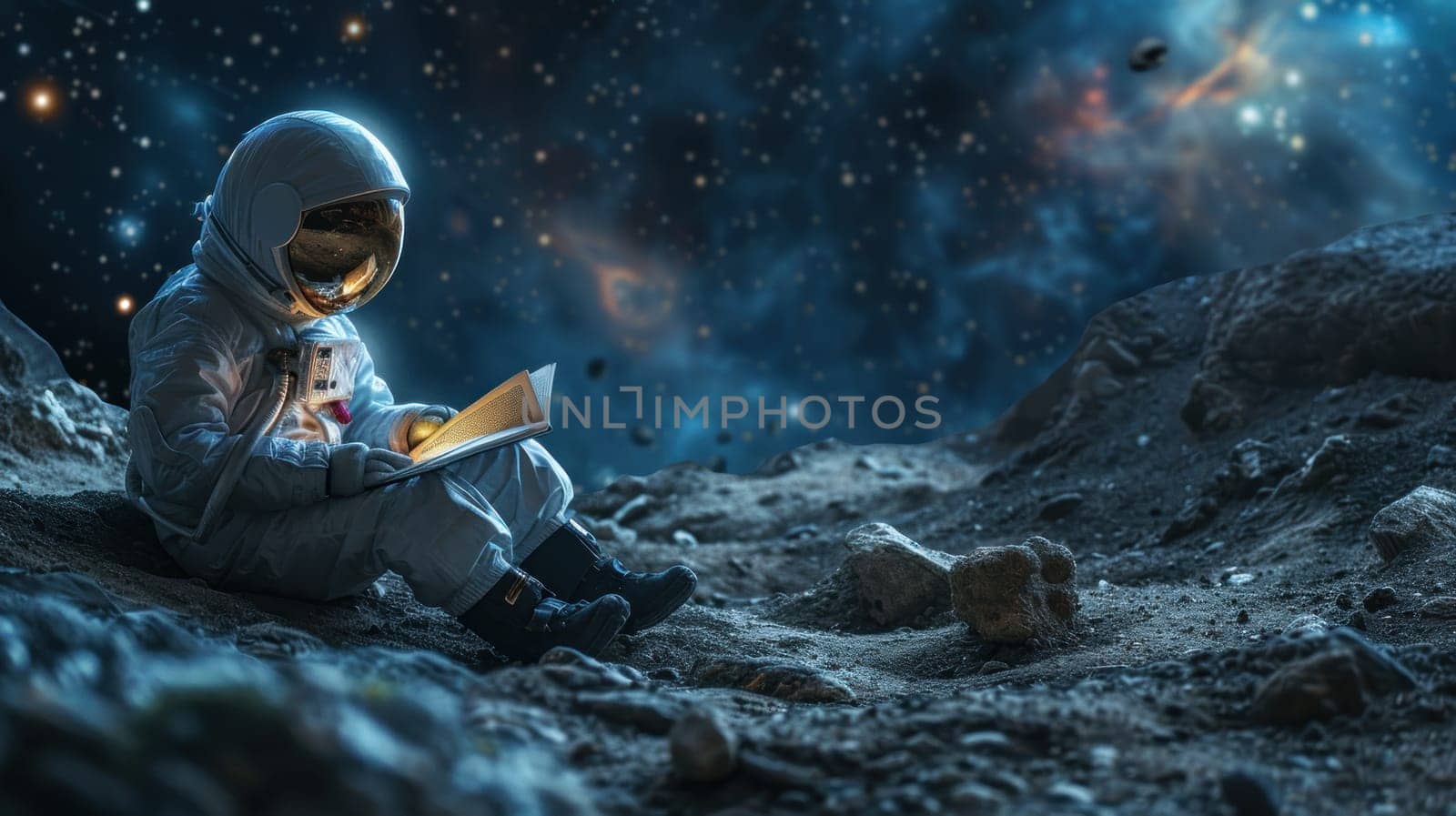 Concept World book day, Astronaut reading book on moon. Generative AI by golfmerrymaker