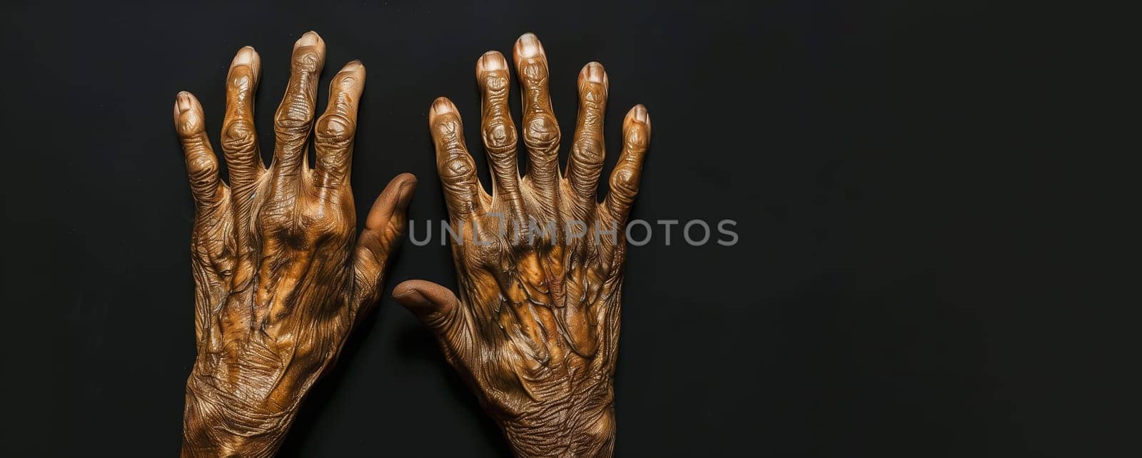 Banner Hands of Old African American Person with Osteoarthritis. Palms, Bones with Degenerative Joint Disease. Dark Background with Empty Space For Text. AI Generated. Horizontal Mockup. by netatsi