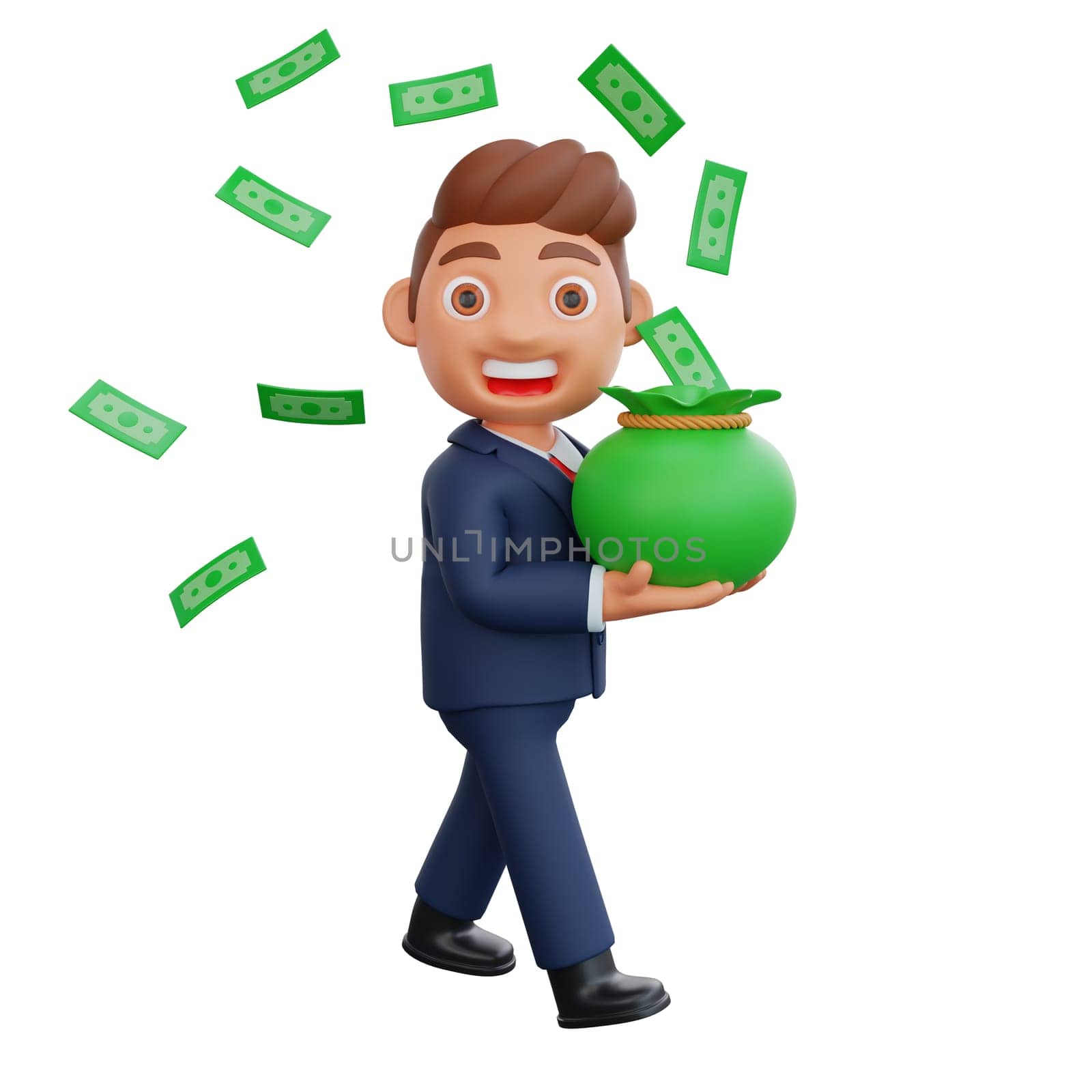 3d Illustration Businessman carrying money bag by Rahmat_Djayusman