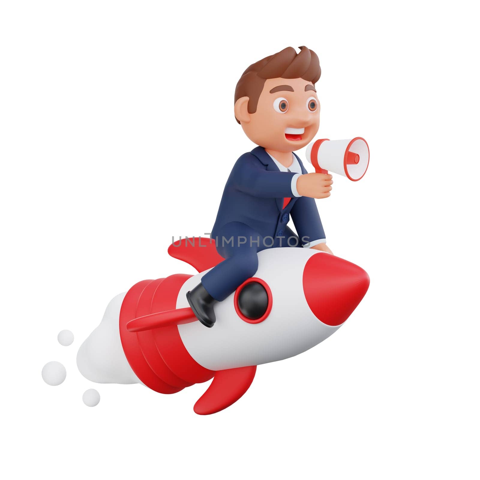 3d Illustration Businessman flying on rocket and doing business marketing by Rahmat_Djayusman