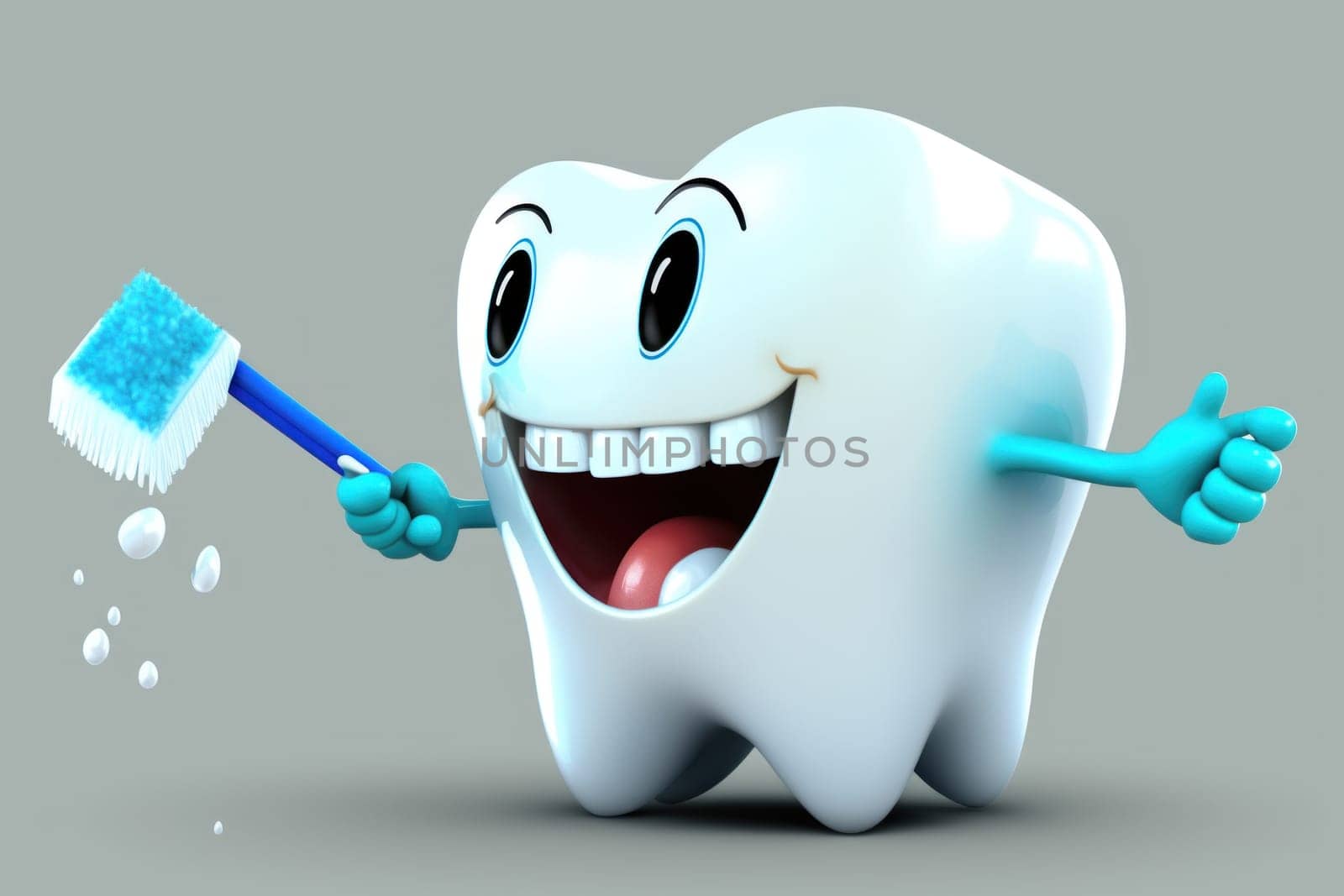 Happy healthy character tooth with toothbrush . Generative AI by matamnad