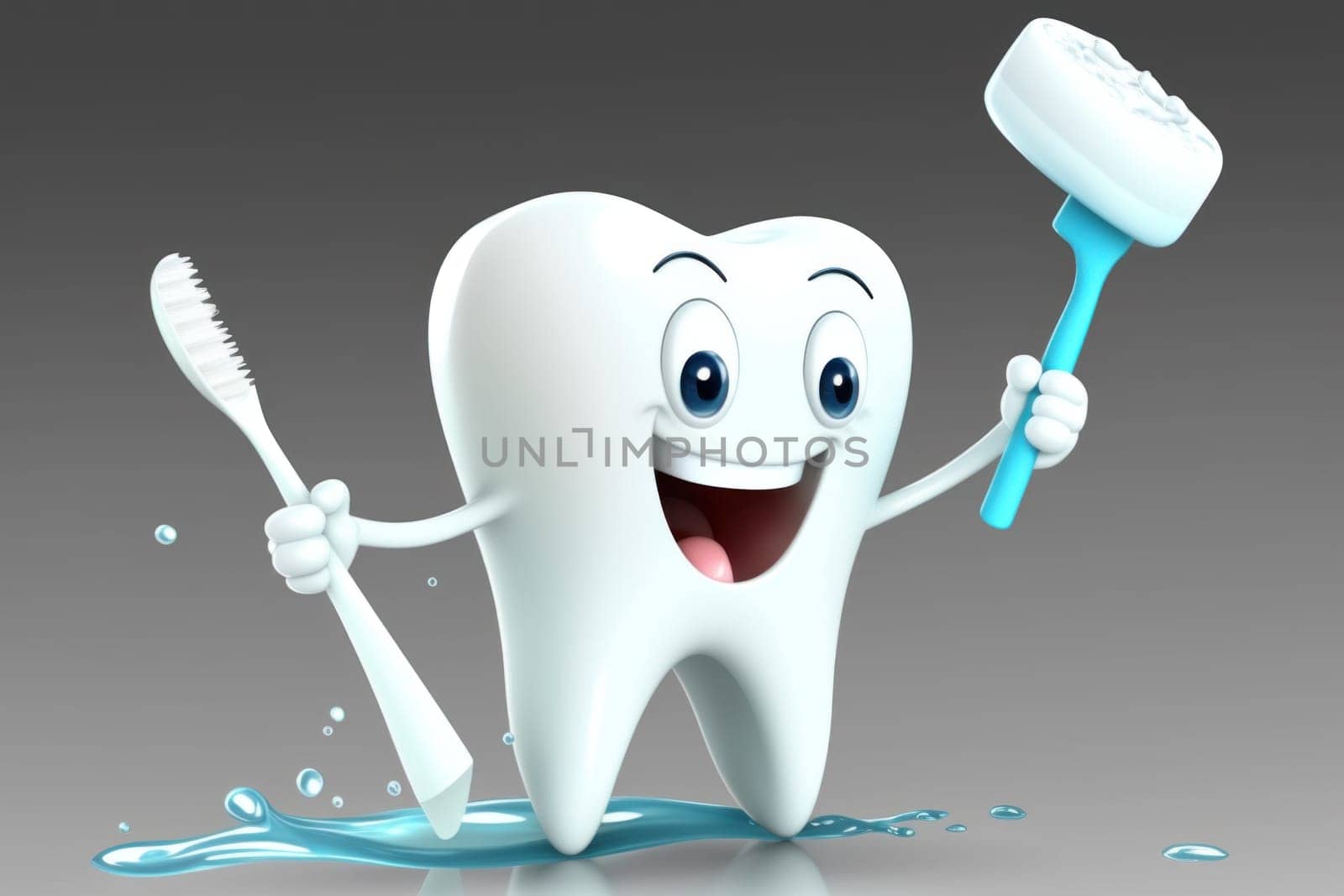 Happy healthy character tooth with toothbrush . Generative AI.