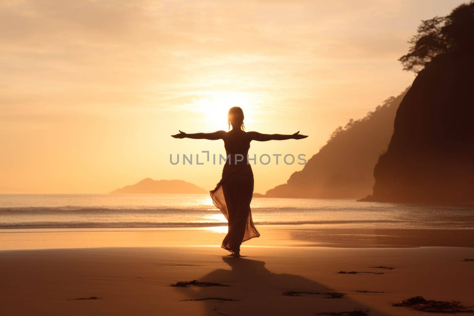 Person practicing yoga on beach during sunset, promoting mental health, self-care, and connection to nature. Generative AI.