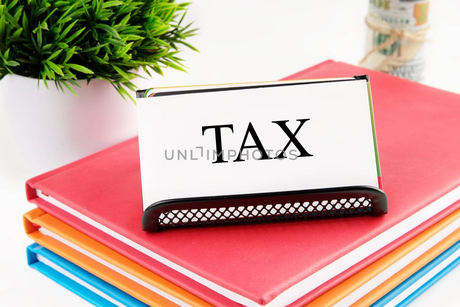 TAX text on a white business card standing on a stand on notebooks, next to the money out of focus and a green plant on a white background