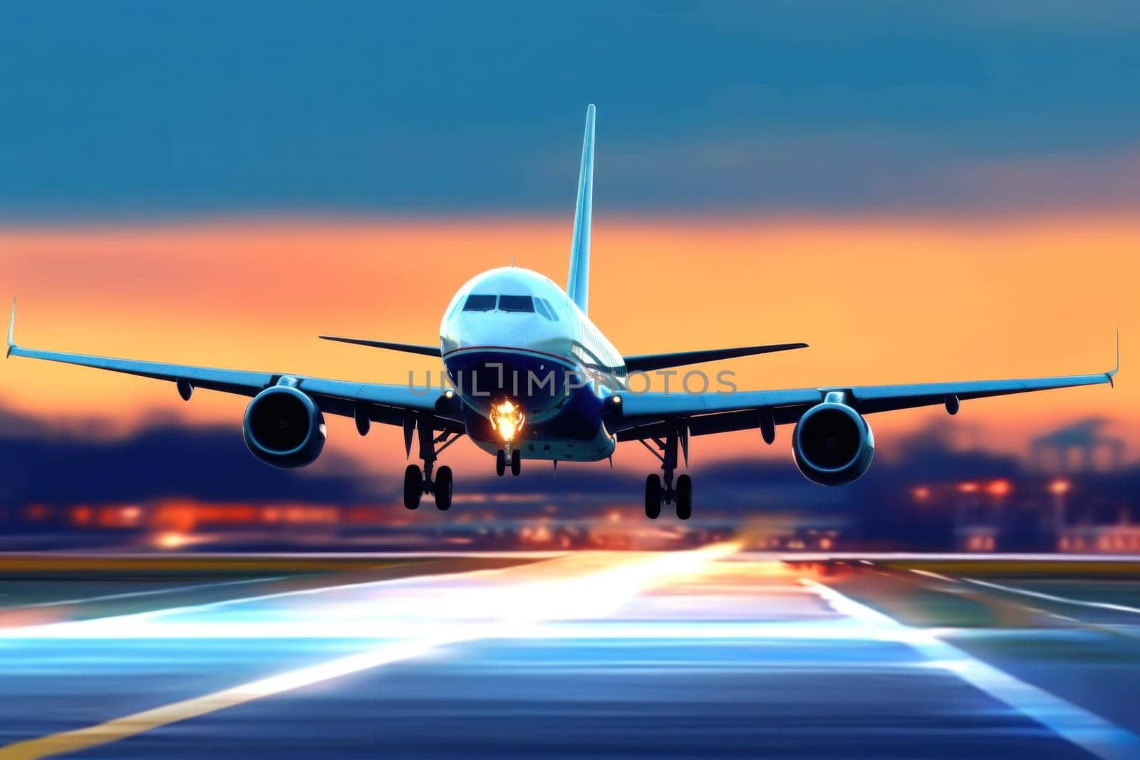 airplane on runway at the airport. generative AI by matamnad