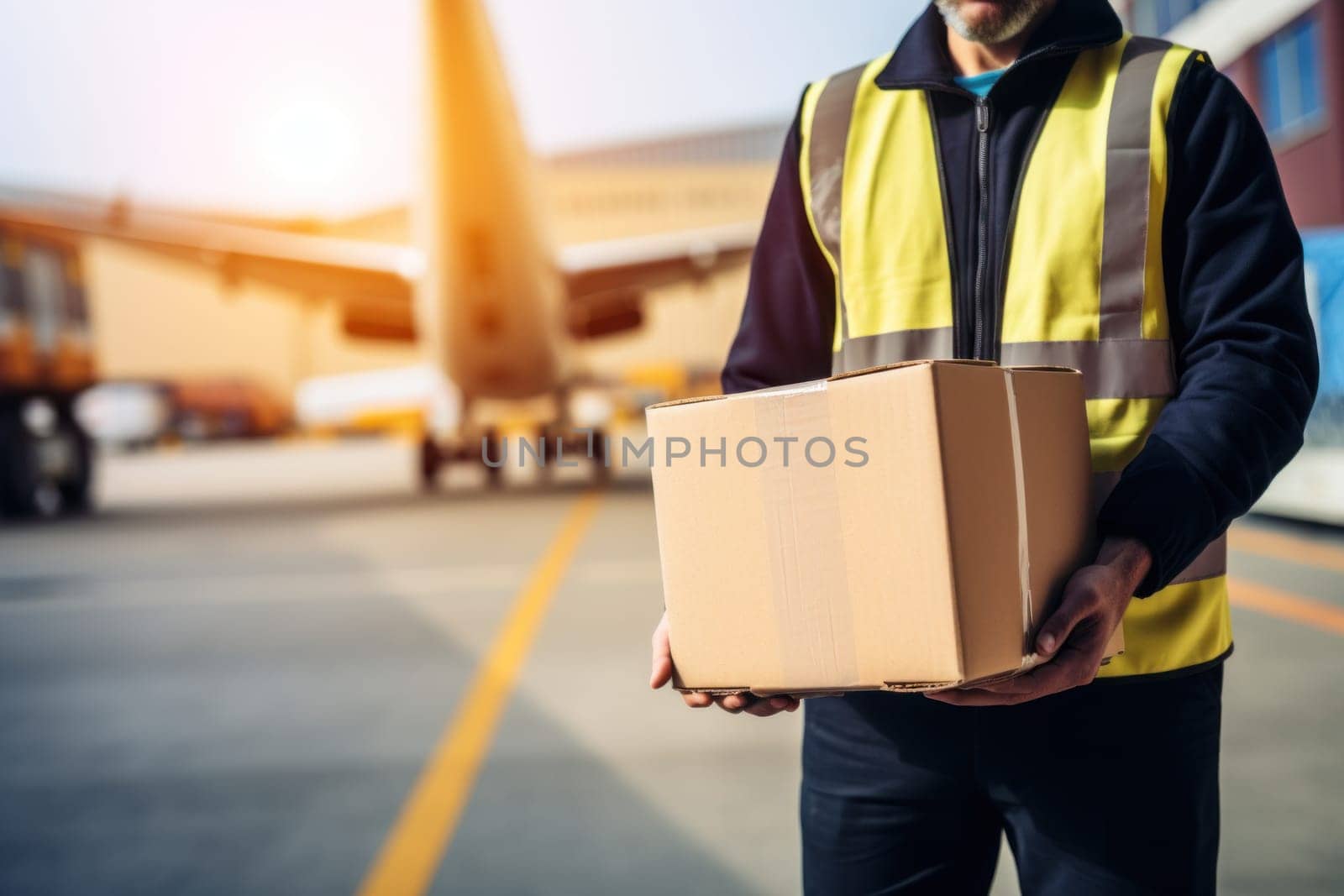 Delivery man delivering a parcel box to customer by cargo plane. Generative AI by matamnad