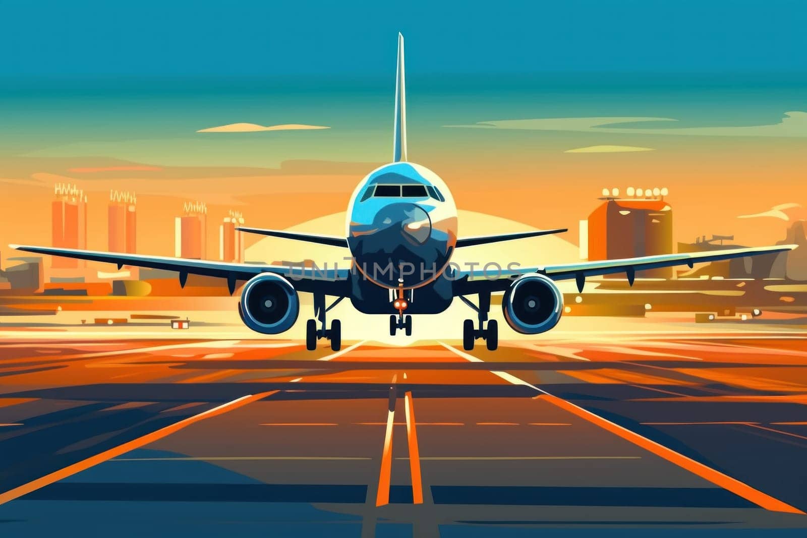 airplane on runway at the airport. generative AI by matamnad