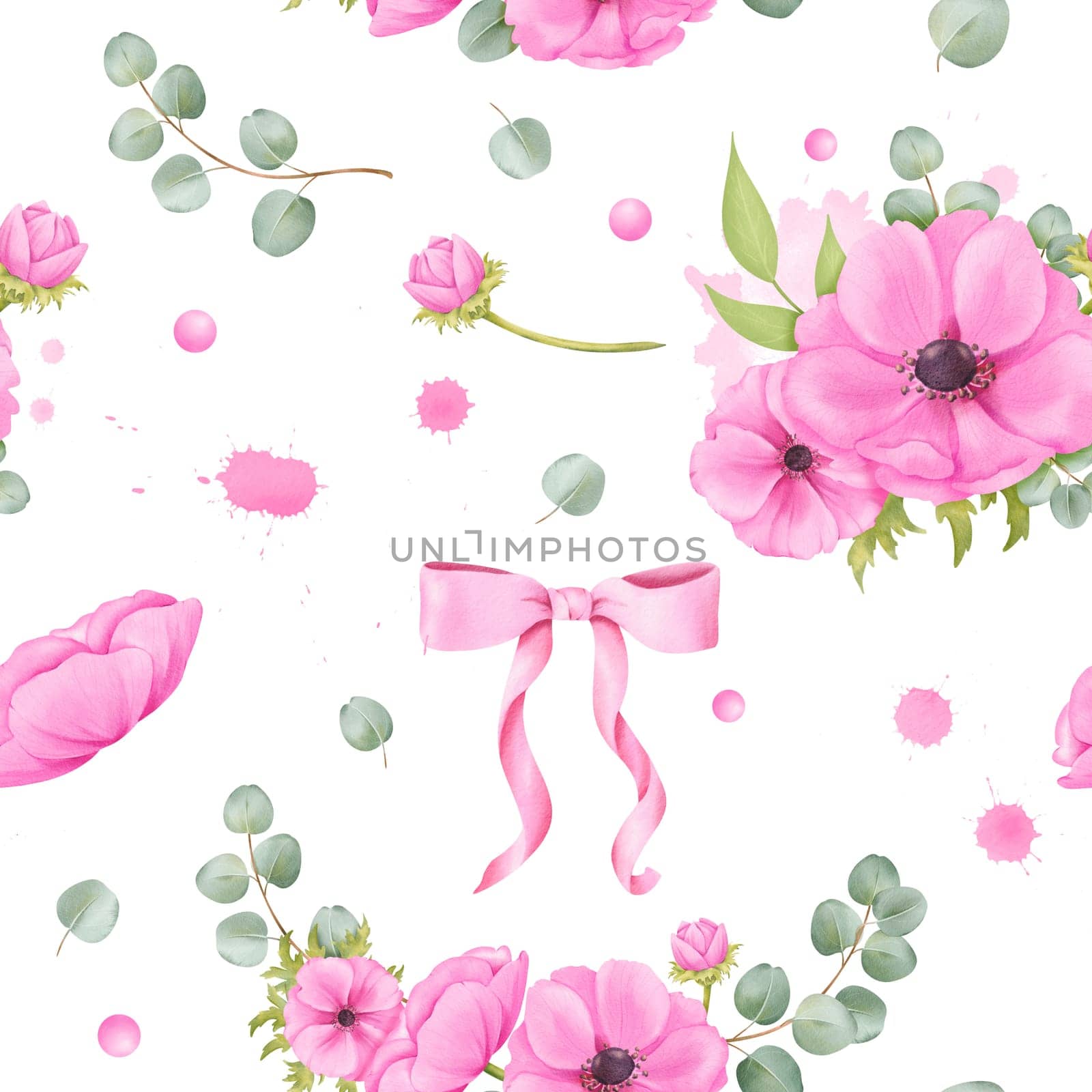 Seamless pattern featuring watercolor flower motifs. anemones, silk ribbons, eucalyptus leaves, and glittering rhinestones. for backdrop designs, wallpapers, textile patterns, DIY crafts.