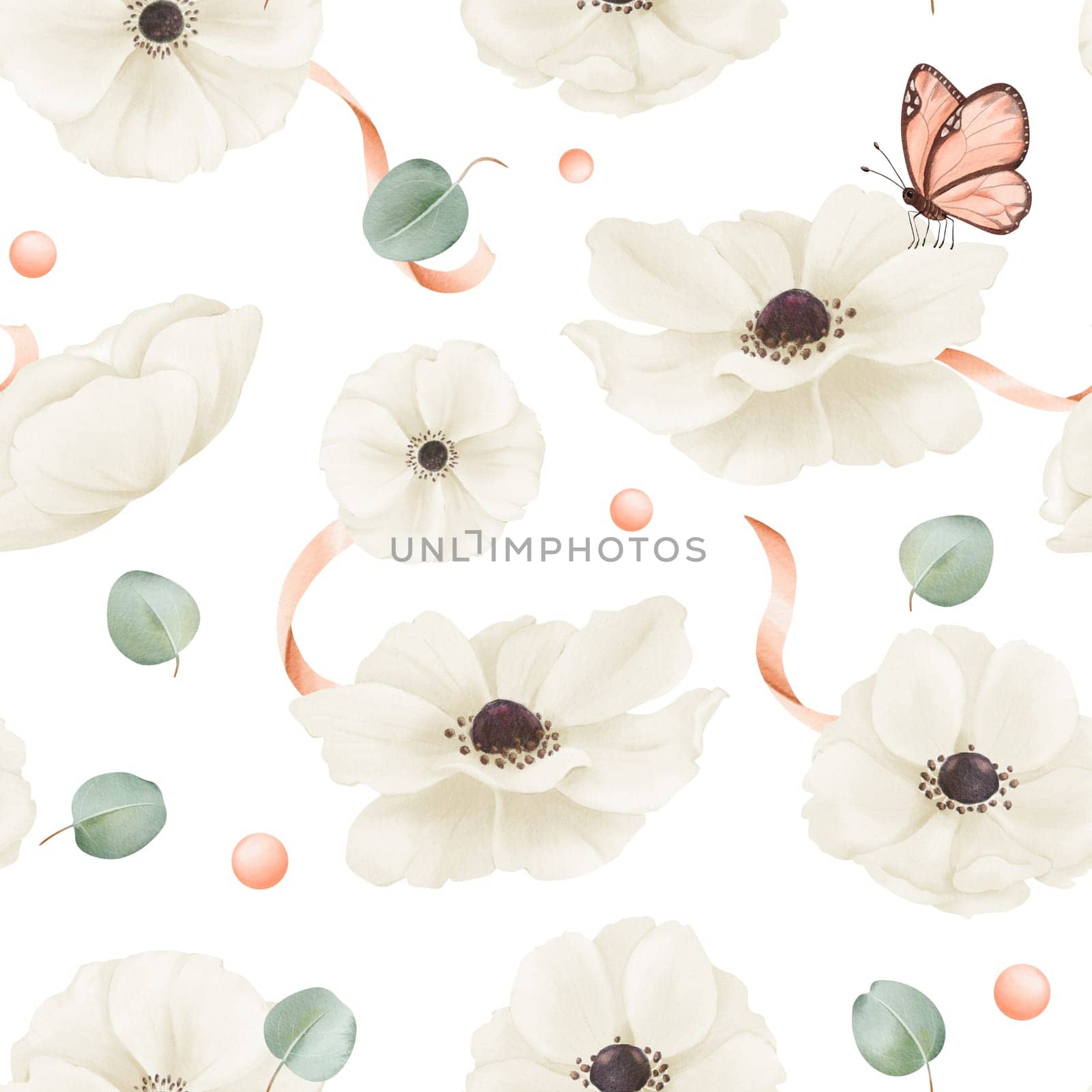 Seamless pattern featuring white watercolor anemones, eucalyptus leaves, satin ribbons, and rhinestones. textiles, web design, printed materials, greeting cards, wallpapers, gift packaging by Art_Mari_Ka