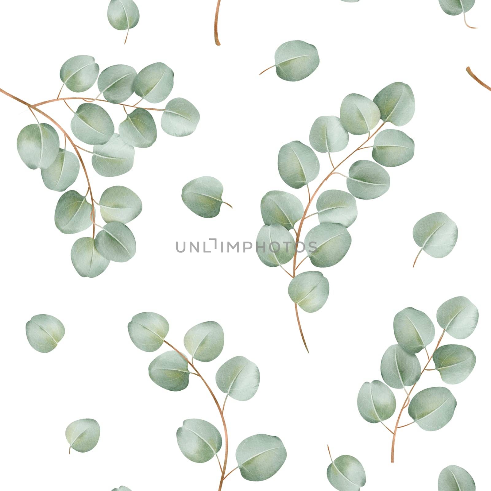 Seamless pattern watercolor eucalyptus branches. for wallpaper, fabric design, stationery, packaging for bringing natural charm and depth to creative project.