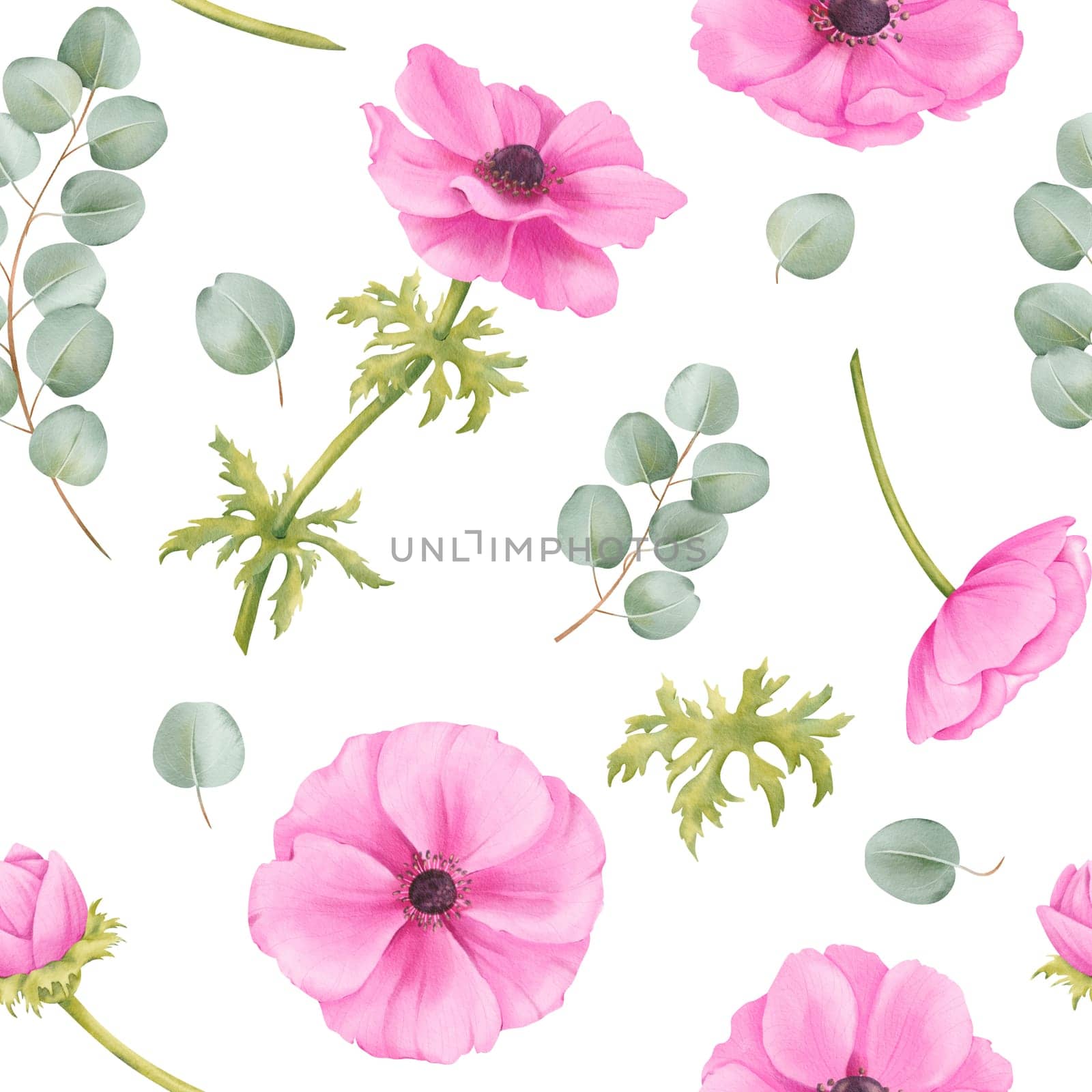 Seamless pattern. pink watercolor anemone blooms, lush green foliage, and eucalyptus leaves. Ideal for enhancing wallpapers, textiles, stationery, and packaging.