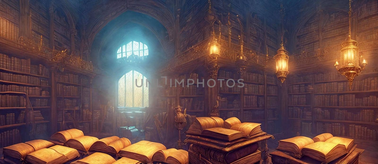 Magical library with a showcase towering shelves of ancient tomes, fluttering parchments, mystical artifacts. Generative AI.