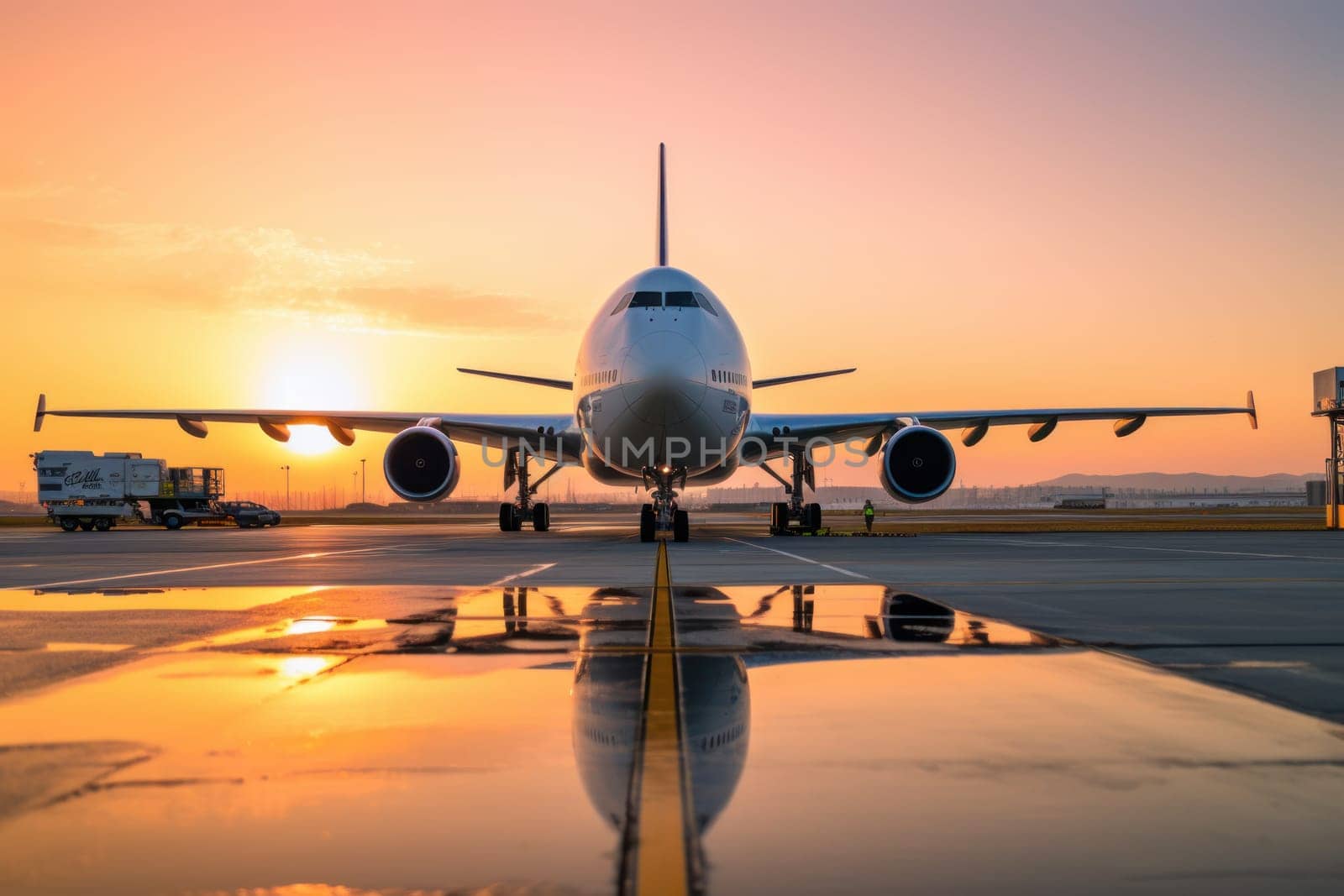 airplane on runway at the airport. generative AI by matamnad