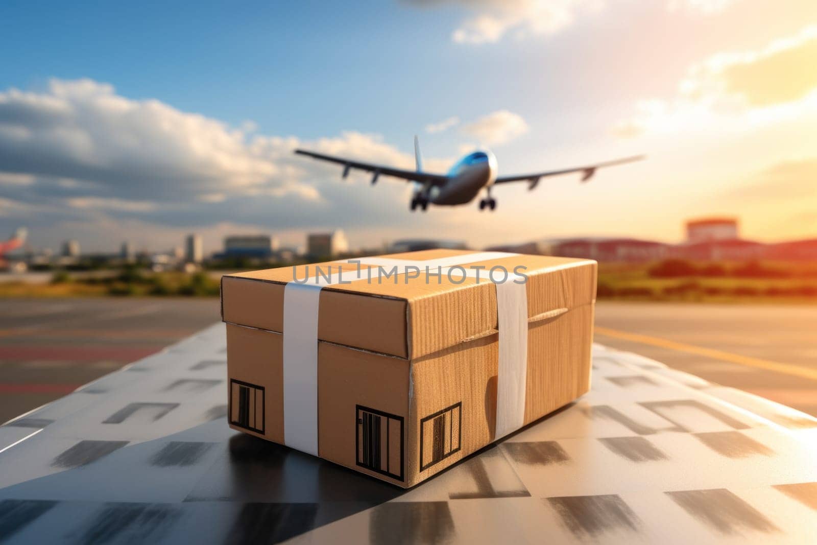 Delivery man delivering a parcel box to customer by cargo plane. Generative AI by matamnad