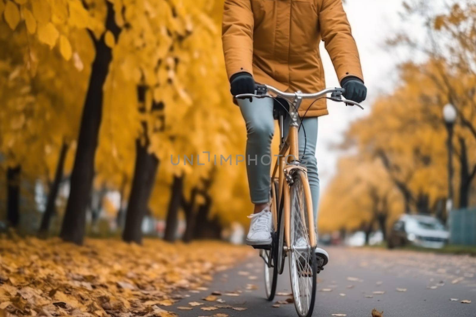 young man on a bicycle traveling on a city road. Generative AI by matamnad