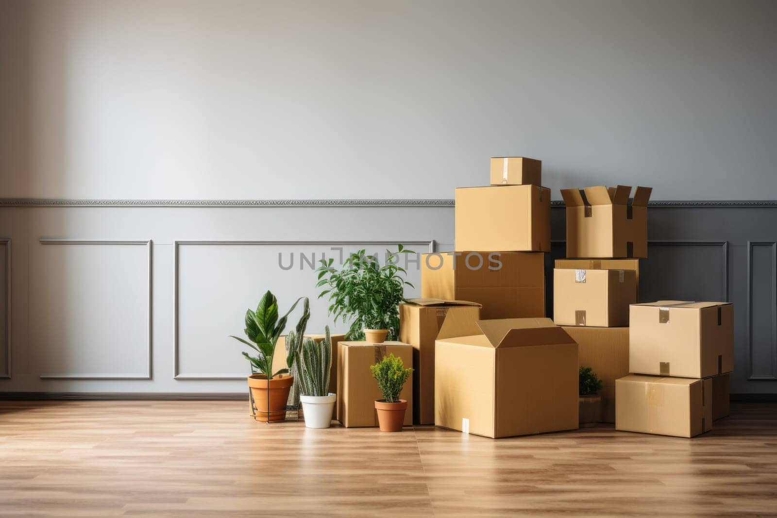 Move concept. Cardboard boxes and cleaning things for moving into a new home. Generative AI by matamnad