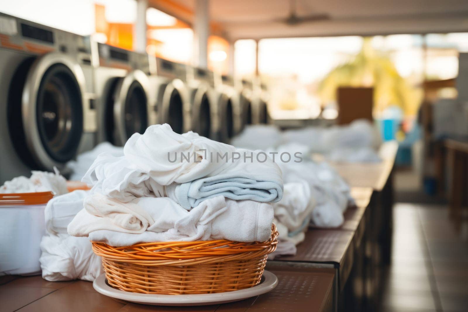 Row of washing machine of laundry business in the public store. Generative AI.