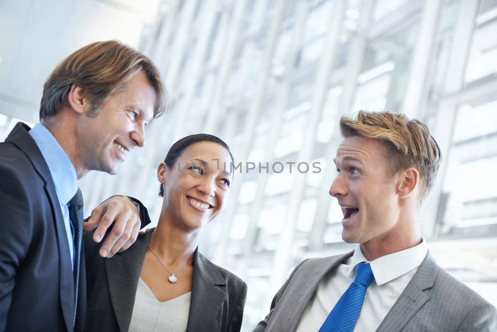 Group, conversation and business people with teamwork, happy and cooperation with discussion or laughing. Startup, professional or accountant with humor or communication with ideas, funny or planning.