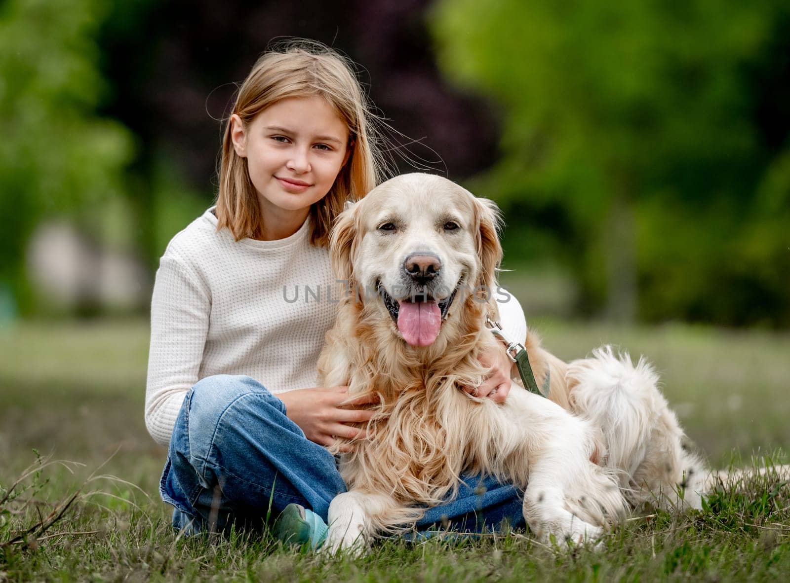 Girl with golden retriever dog at nature by tan4ikk1