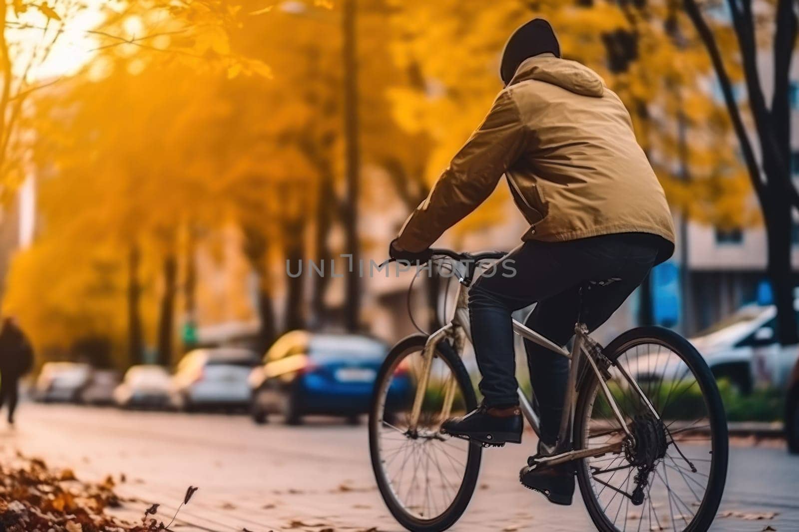 young man on a bicycle traveling on a city road. Generative AI.