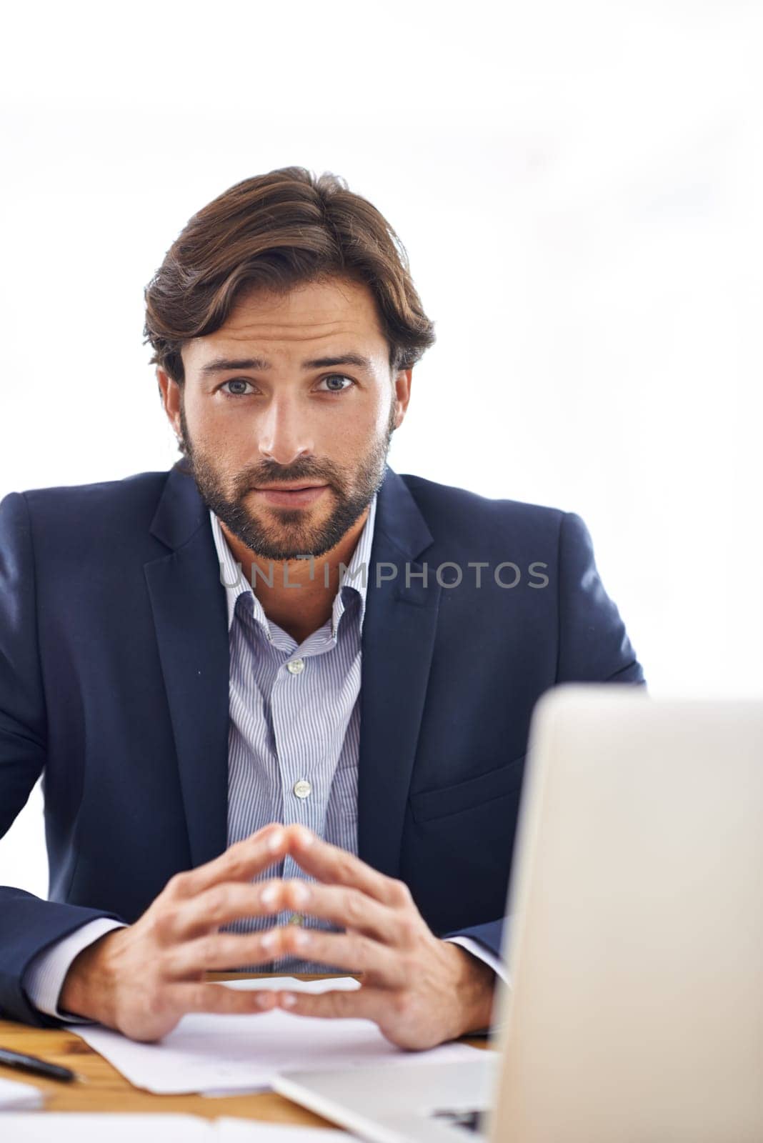 Investor, portrait and businessman on laptop in office with project and research on stocks. Investment, review and planning on computer with email, communication or analysis of information on website.