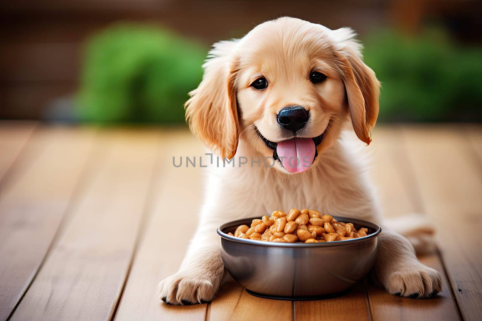 A small puppy eats food from a bowl. The puppy is smiling and lying on the floor, generative AI