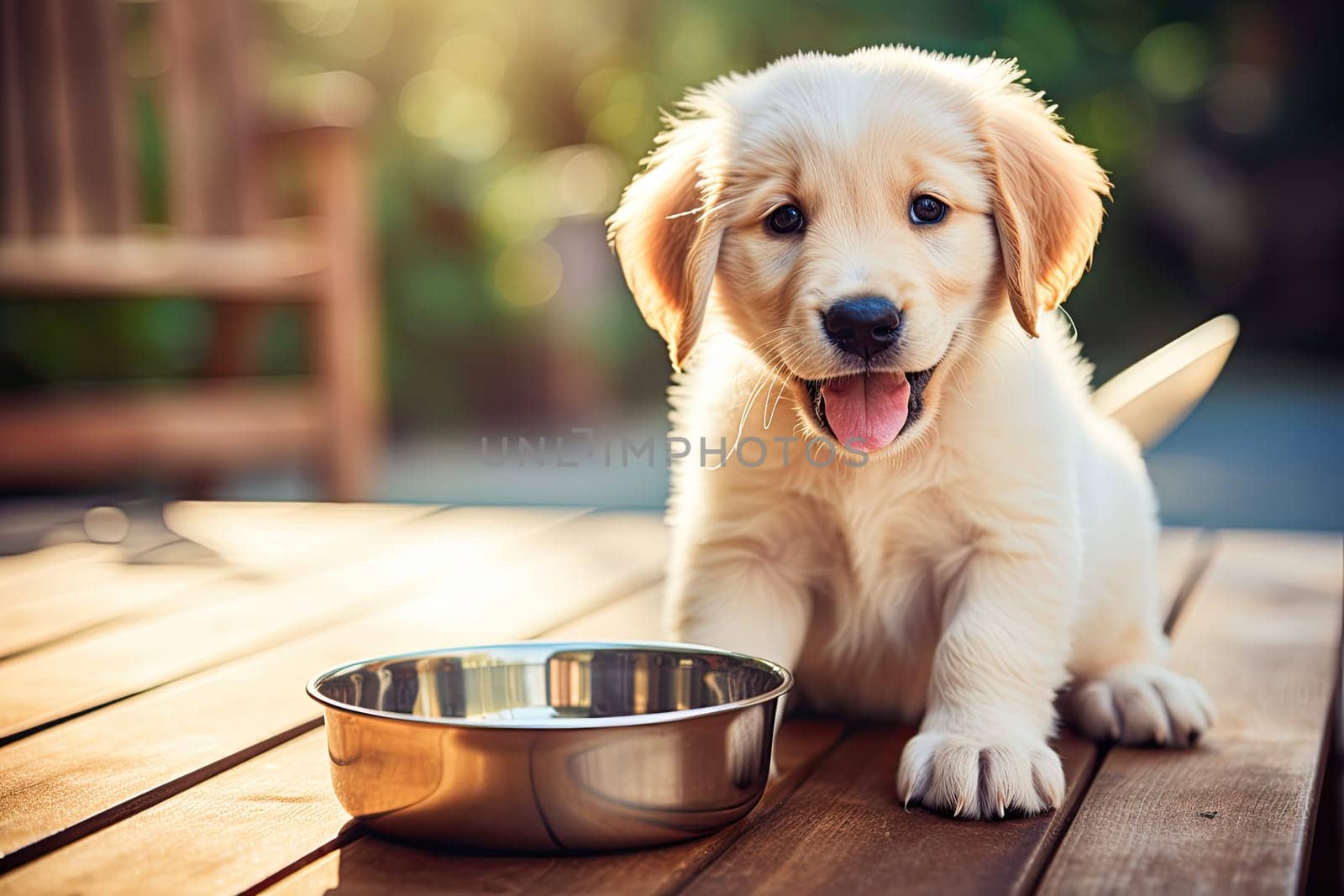 A small puppy eats food from a bowl. The puppy is smiling and lying on the floor, generative AI