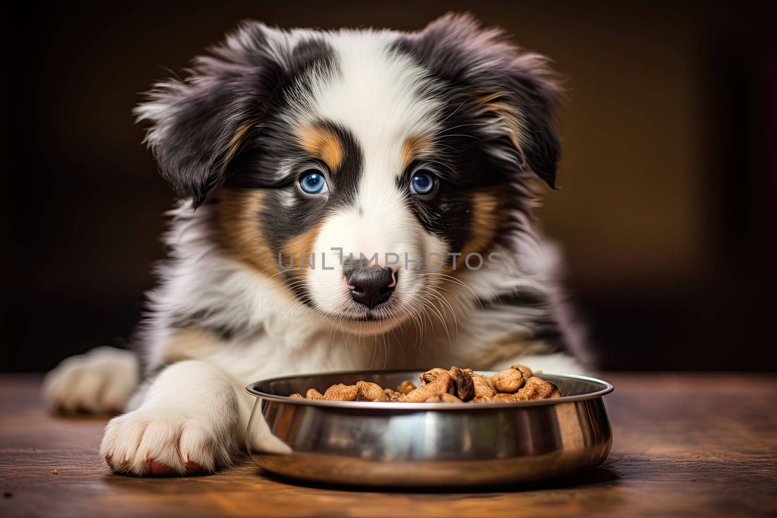 A small puppy eats food from a bowl. The puppy is smiling and lying on the floor, generative AI