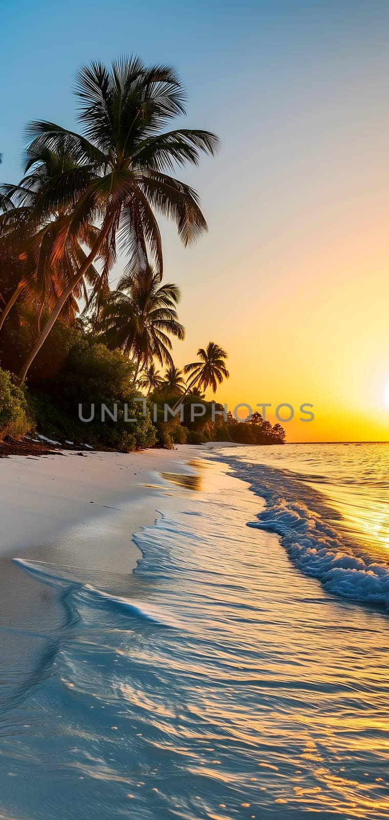 tropical beach view at sunset or sunrise with white sand, turquoise water and palm trees. Neural network generated image. Not based on any actual scene or pattern.