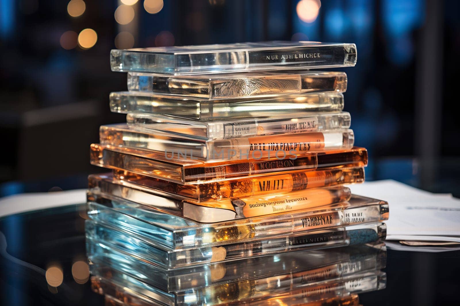 A stack of fashionable glass glossy magazines on a glass table. Generated by artificial intelligence by Vovmar