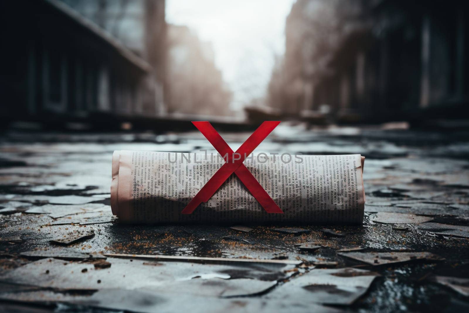 A roll of aged newspapers with a red cross in the center on the street of a destroyed city. Generated by artificial intelligence by Vovmar